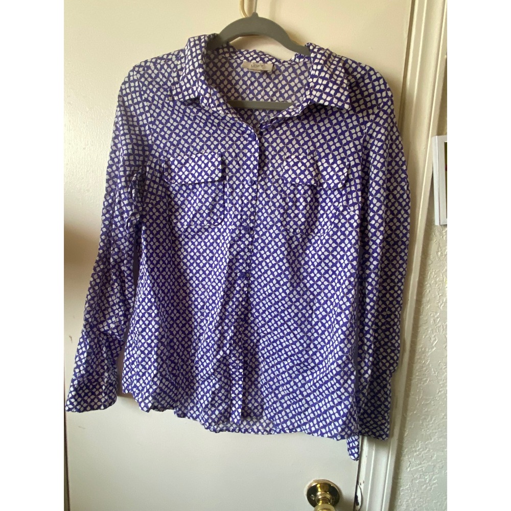 LOFT Women's Small Blue Yellow Geometric Print Long Sleeve‎ Button Down Shirt - Picture 2 of 6